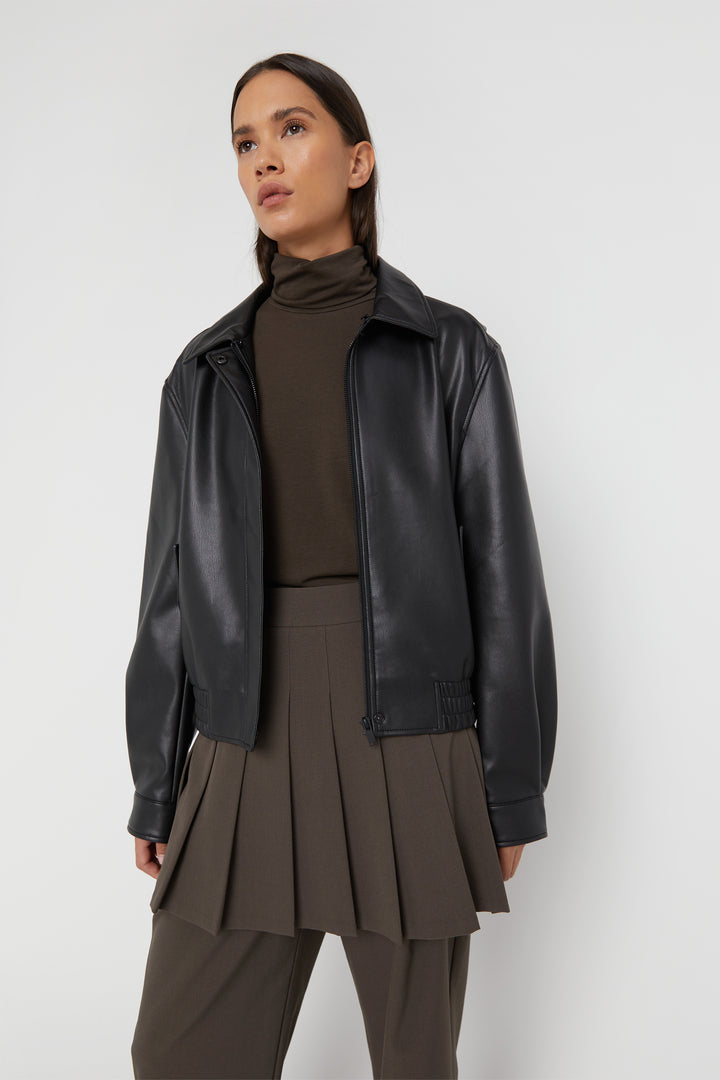 VEGAN LEATHER BOMBER JACKET in Black — alternate angle