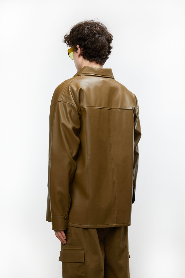 VEGAN LEATHER SHIRT JACKET in Military Olive — alternate angle