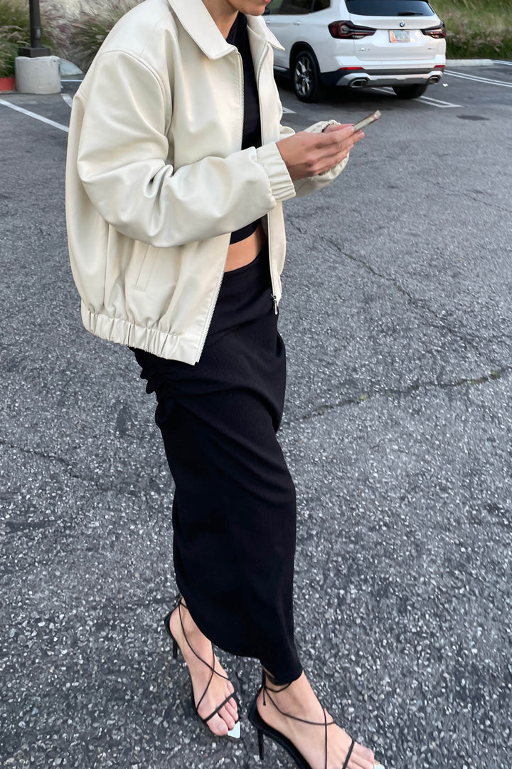 VEGAN LEATHER BOMBER JACKET in Almond Milk — alternate angle