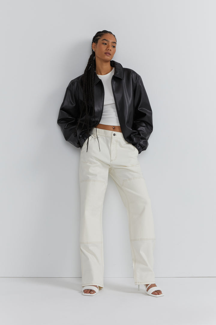 VEGAN LEATHER BOMBER JACKET in Black — alternate angle