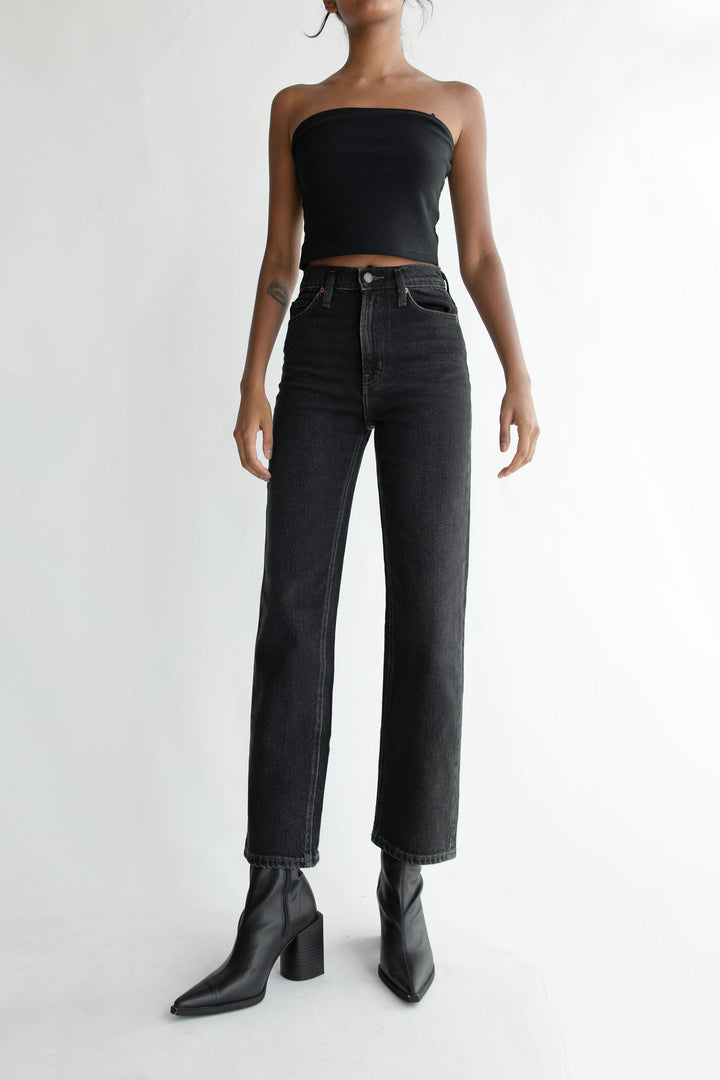 OAK ESSENTIAL STRAIGHT LEG HIGH-RISE JEAN in Washed Black — alternate angle