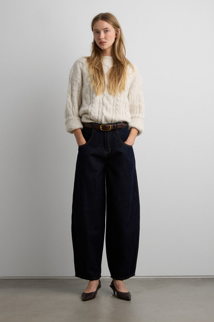 27" DARK BLUE WASH BARREL JEAN