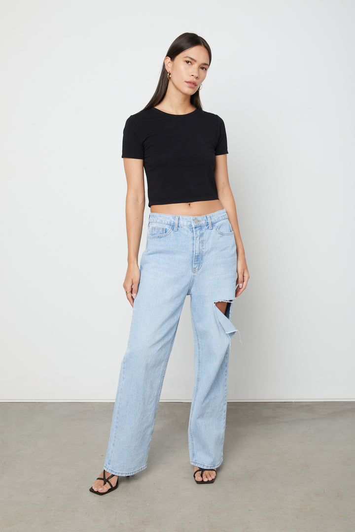 STRAIGHT LEG JEAN WITH CUTOUT in Blue — alternate angle