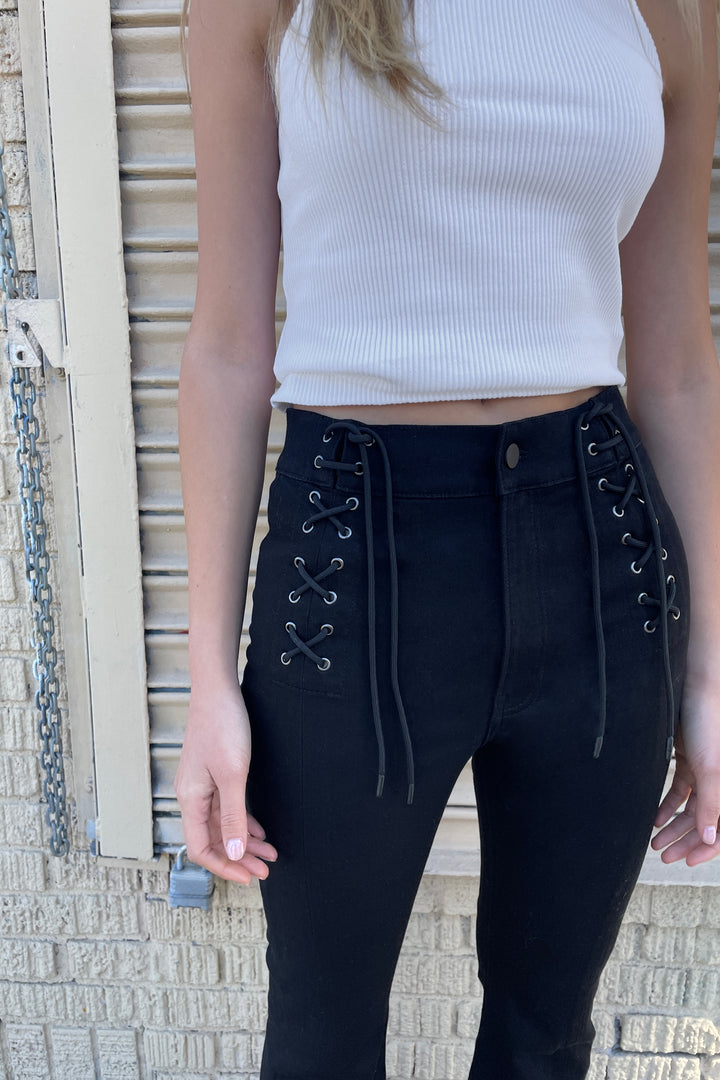 FLARE JEAN WITH LACE-UP WAIST in Very Black — alternate angle