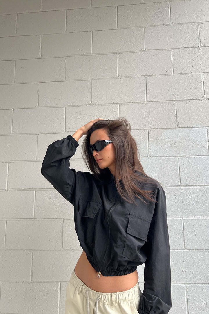 CROPPED COLLARED NYLON JACKET in Black — alternate angle