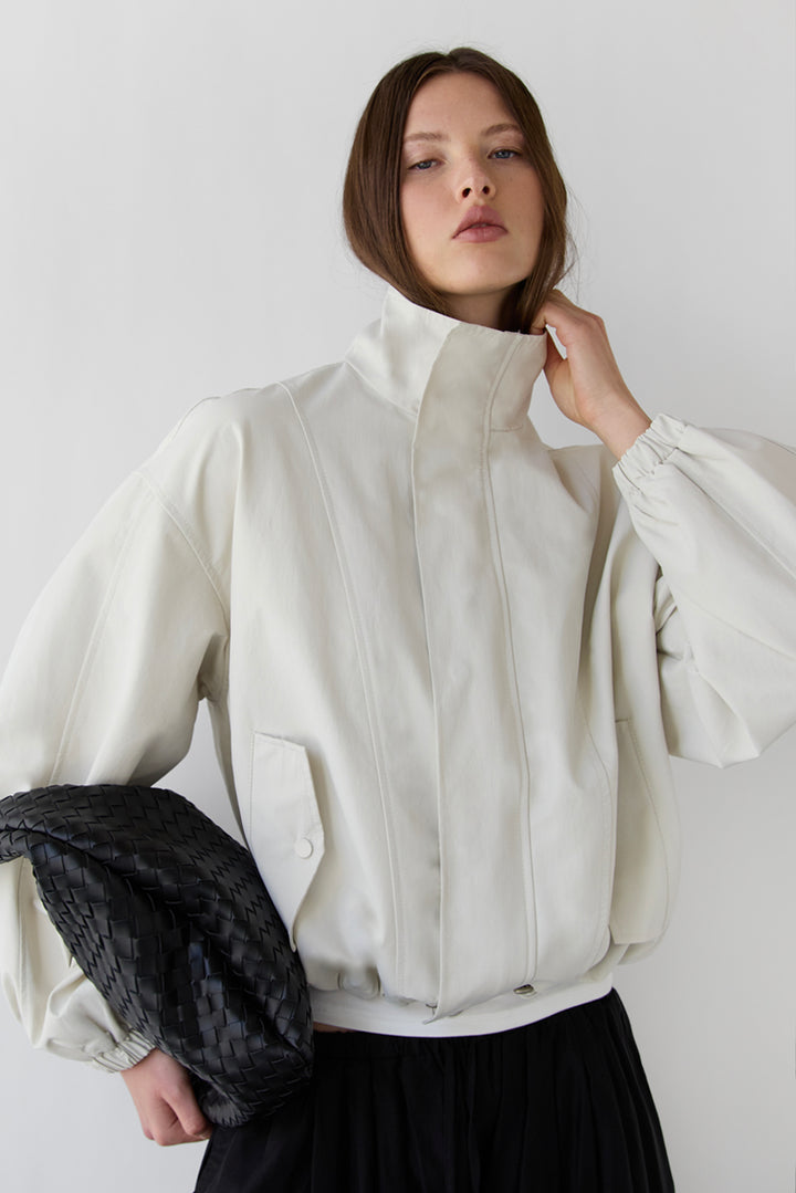 HIGH FUNNEL NECK CROPPED DRAWSTRING JACKET in Silver Birch — alternate angle