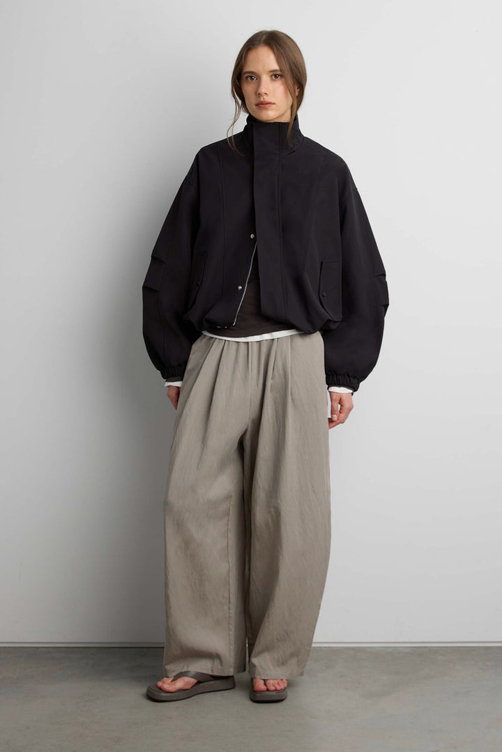 HIGH FUNNEL NECK CROPPED DRAWSTRING JACKET in Black — alternate angle