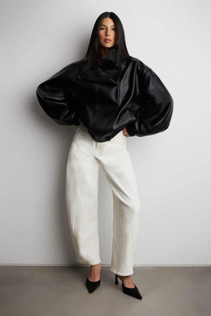HIGH FUNNEL NECK VEGAN LEATHER JACKET in Black — alternate angle