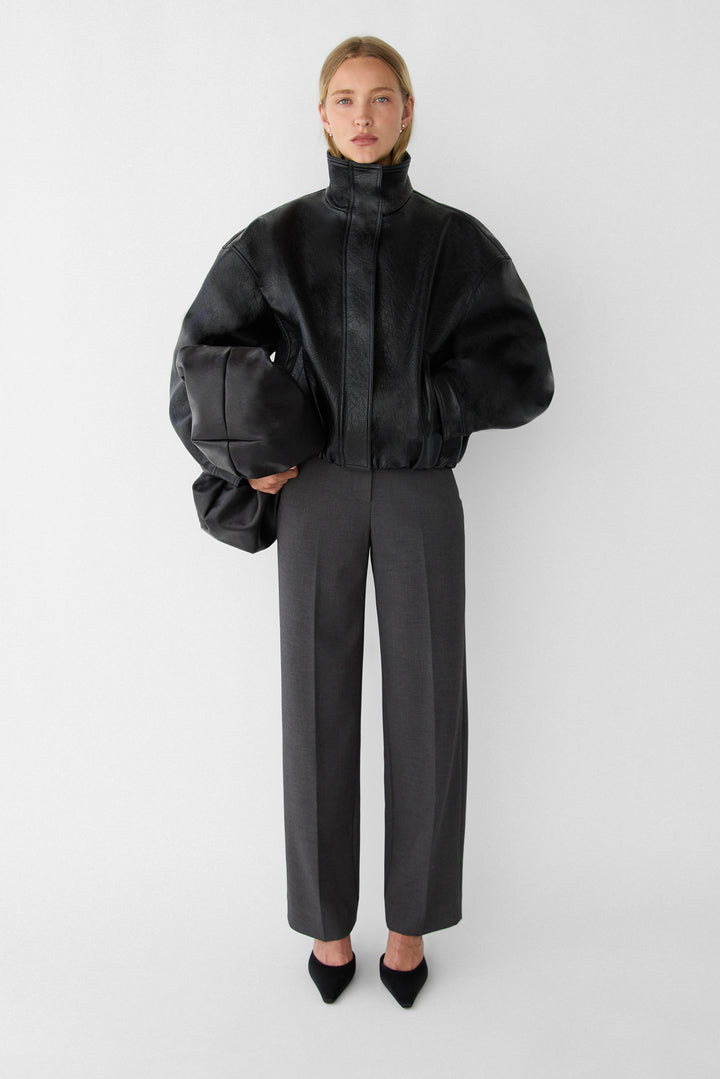 VEGAN LEATHER FUNNEL NECK JACKET WITH ELASTICATED HEM in Black — alternate angle