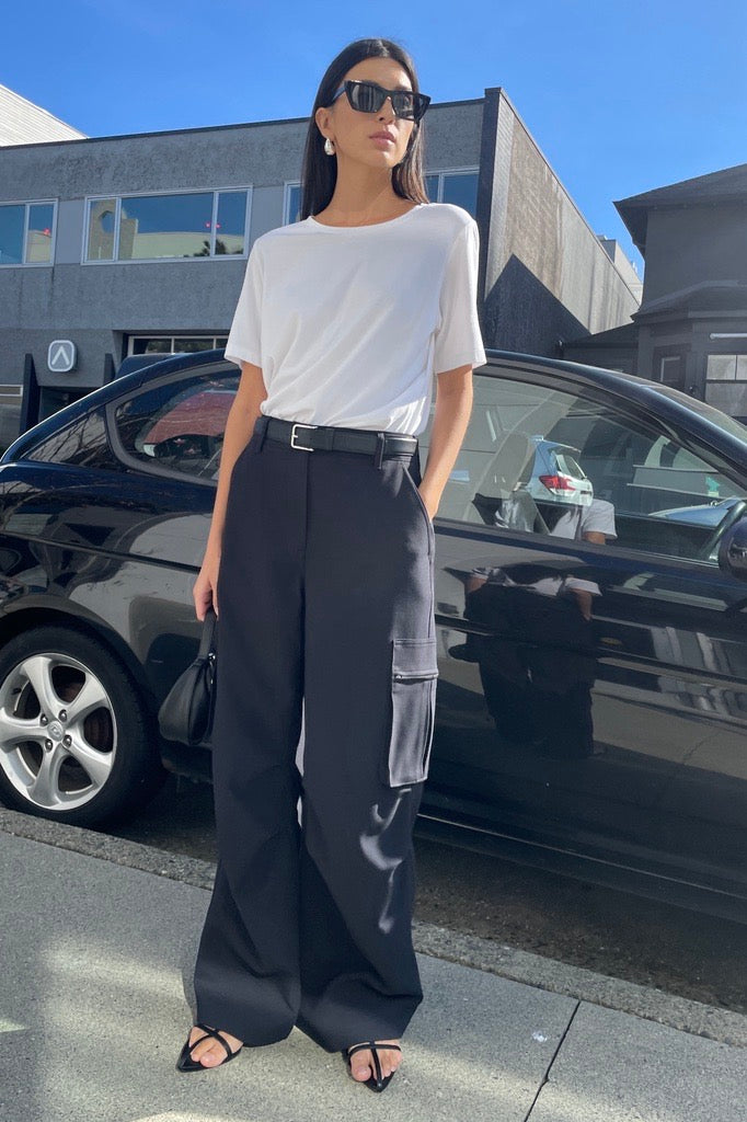 WIDE LEG SUITING PANT WITH CARGO POCKETS in Black — alternate angle