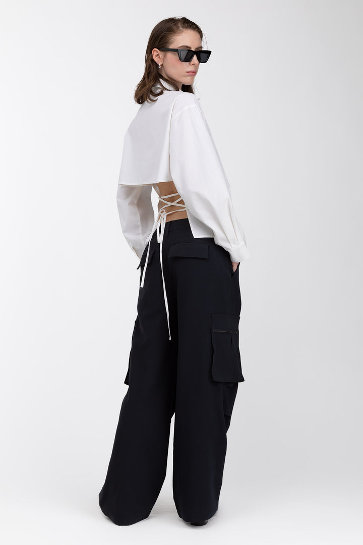 WIDE LEG SUITING PANT WITH CARGO POCKETS in Black — alternate angle