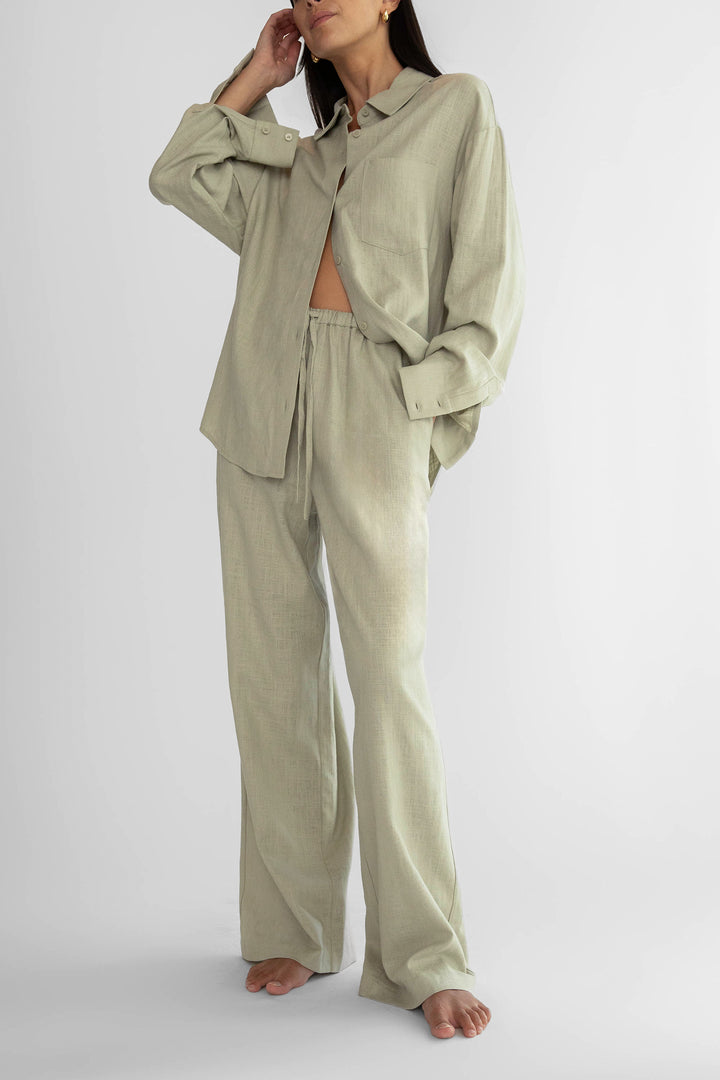 LINEN BLEND WIDE LEG PANT in Moss Grey — alternate angle