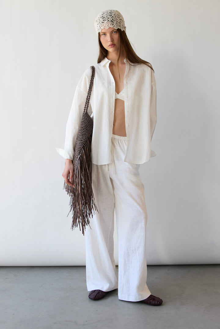 LINEN BLEND WIDE LEG PANT in White — alternate angle