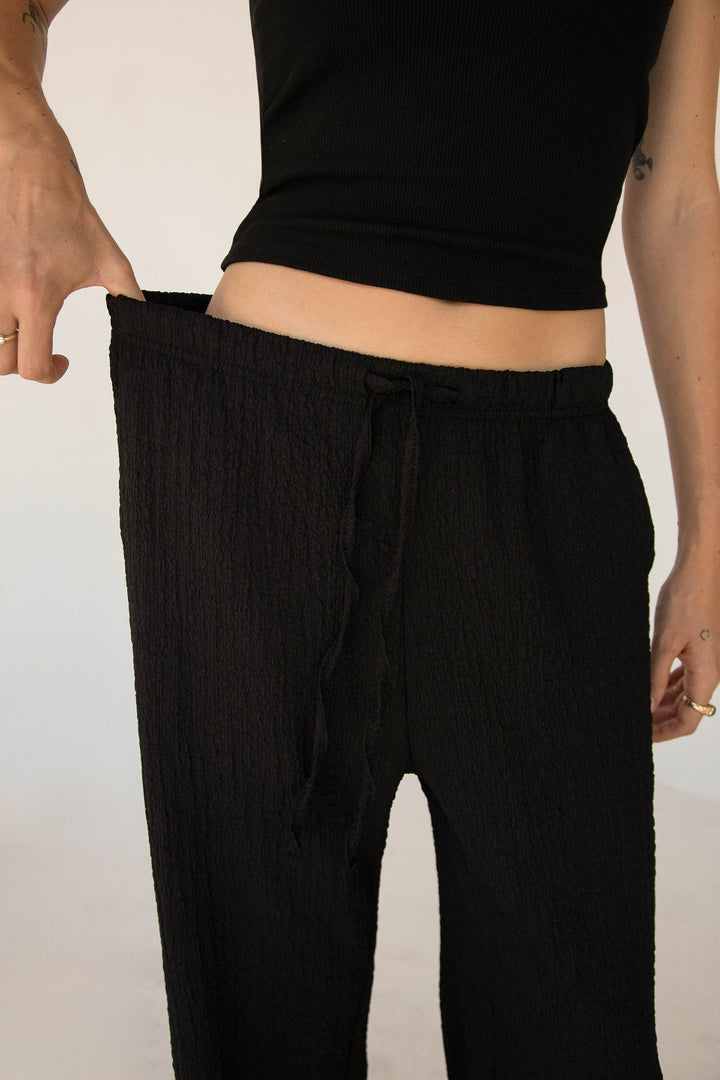 DRAWSTRING CRINKLE PANT in Black — alternate angle