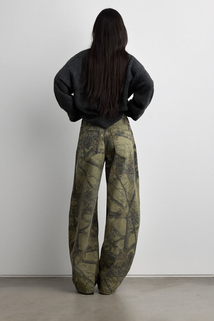 CAMO PRINT BARREL LEG PANT in Green Print — alternate angle
