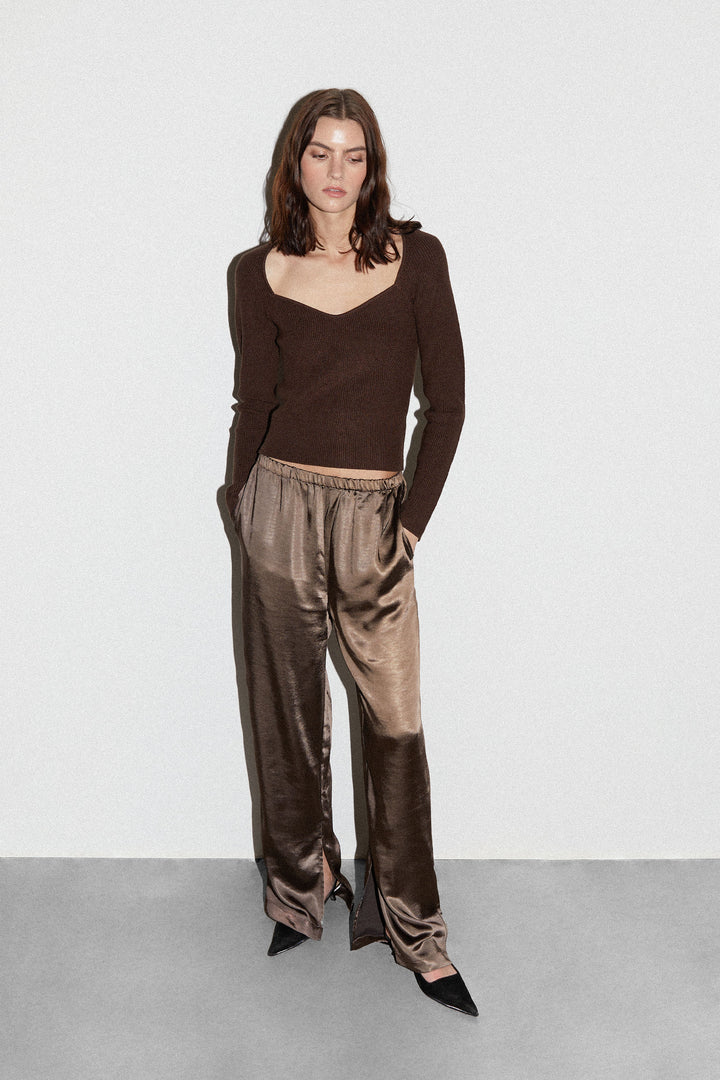 SATIN PANTS WITH FRONT SLITS in Chocolate Brown — alternate angle