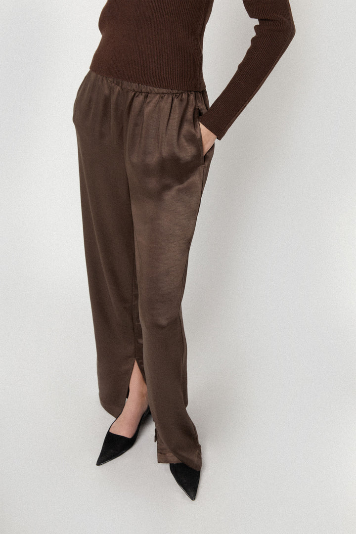 SATIN PANTS WITH FRONT SLITS in Chocolate Brown — alternate angle