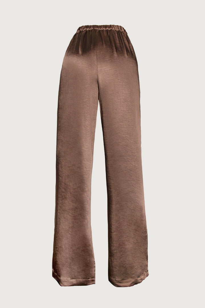 SATIN PANTS WITH FRONT SLITS in Chocolate Brown — alternate angle