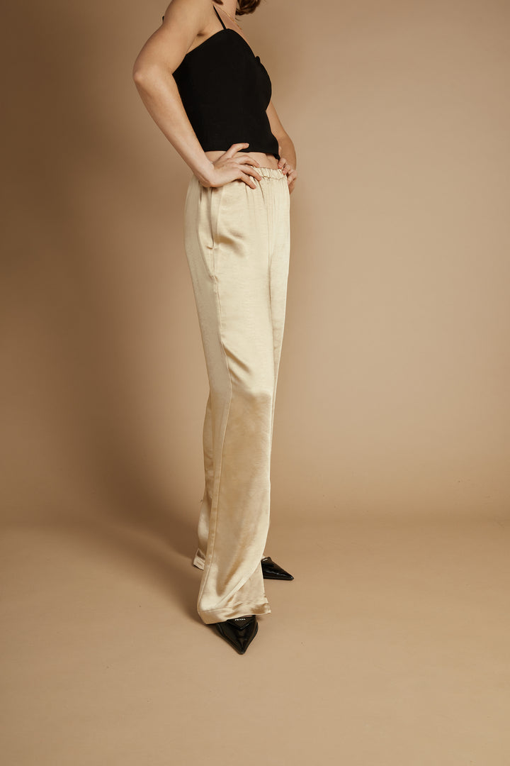 SATIN PANTS WITH FRONT SLITS in Pale Khaki — alternate angle