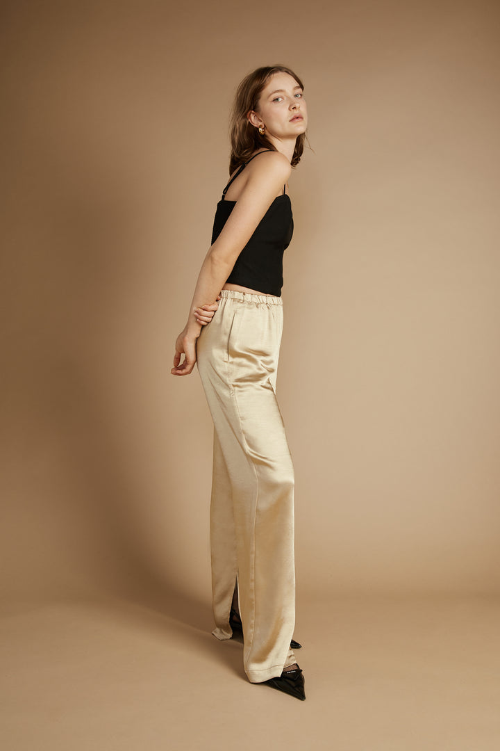 SATIN PANTS WITH FRONT SLITS in Pale Khaki — alternate angle