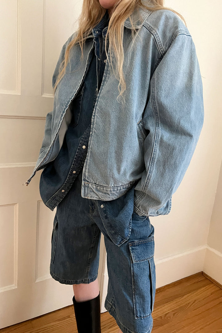 LONG CARGO DENIM SHORT in Vintage Blue — alternate angle