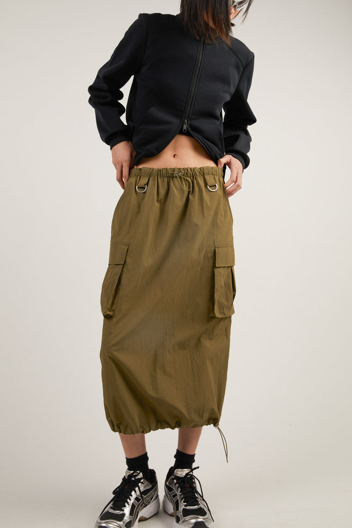 NYLON MAXI CARGO SKIRT in Burnt Olive — alternate angle