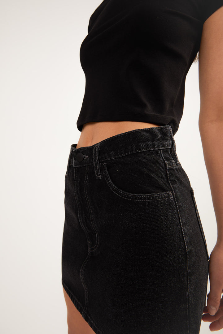 BLACK MINI JEAN SKIRT in Washed Black — alternate angle