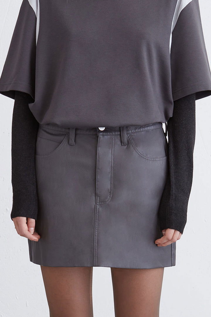 VEGAN LEATHER MINI SKIRT in Grey Pinstripe — alternate angle