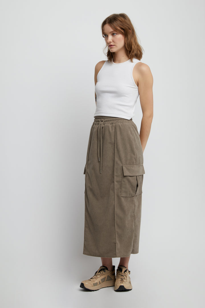 MIDI CORDUROY CARGO SKIRT in Taupe — alternate angle