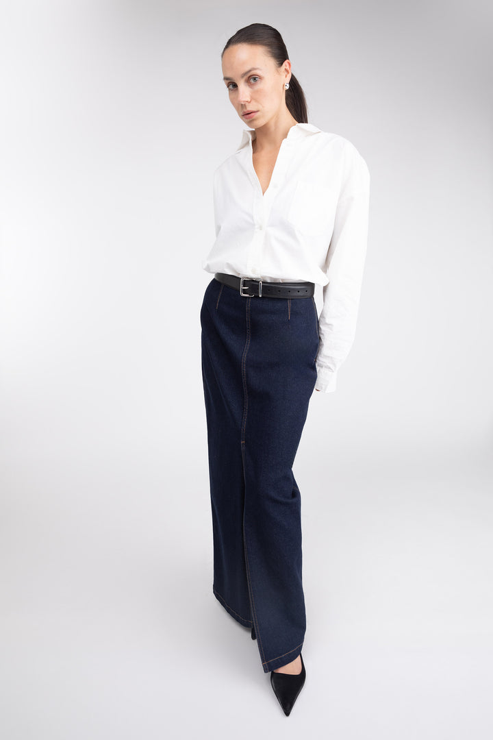 DENIM COLUMN MAXI SKIRT in Classic Blue — alternate angle