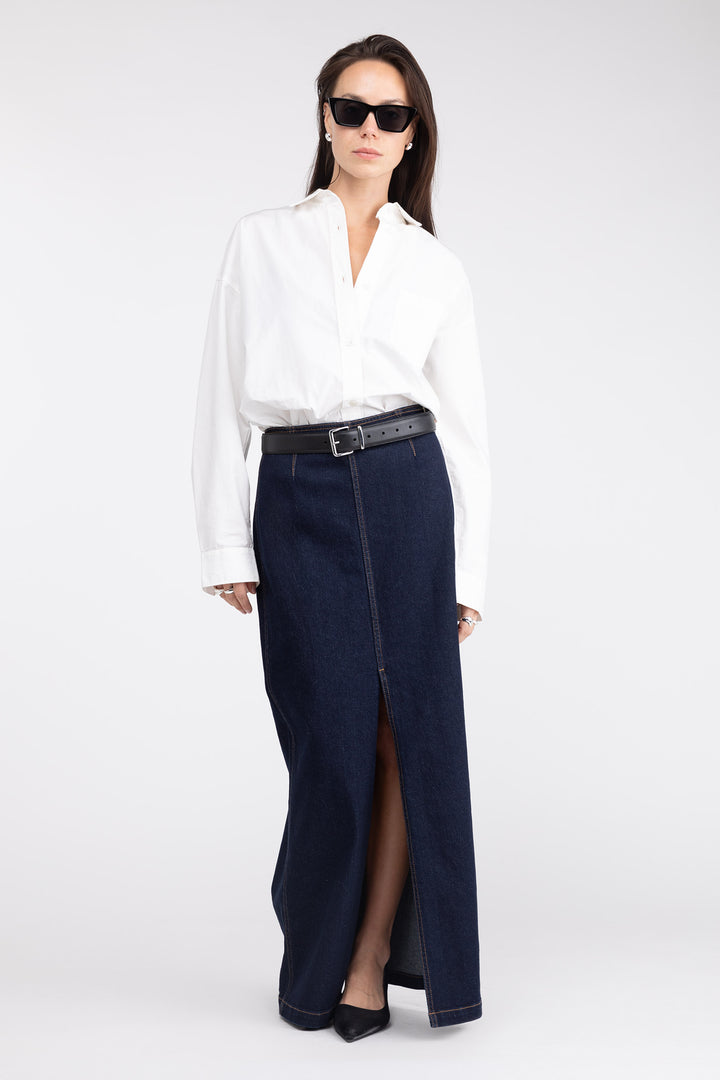 DENIM COLUMN MAXI SKIRT in Classic Blue — alternate angle