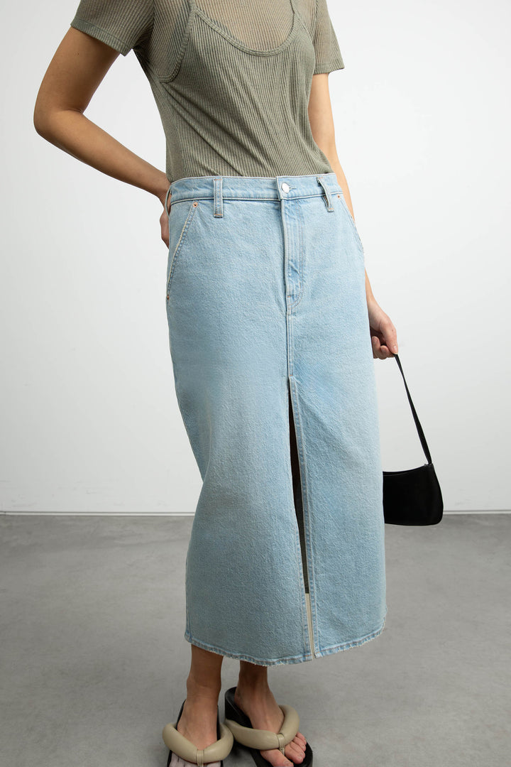 FRONT SLIT DENIM MIDI SKIRT in Bleached — alternate angle