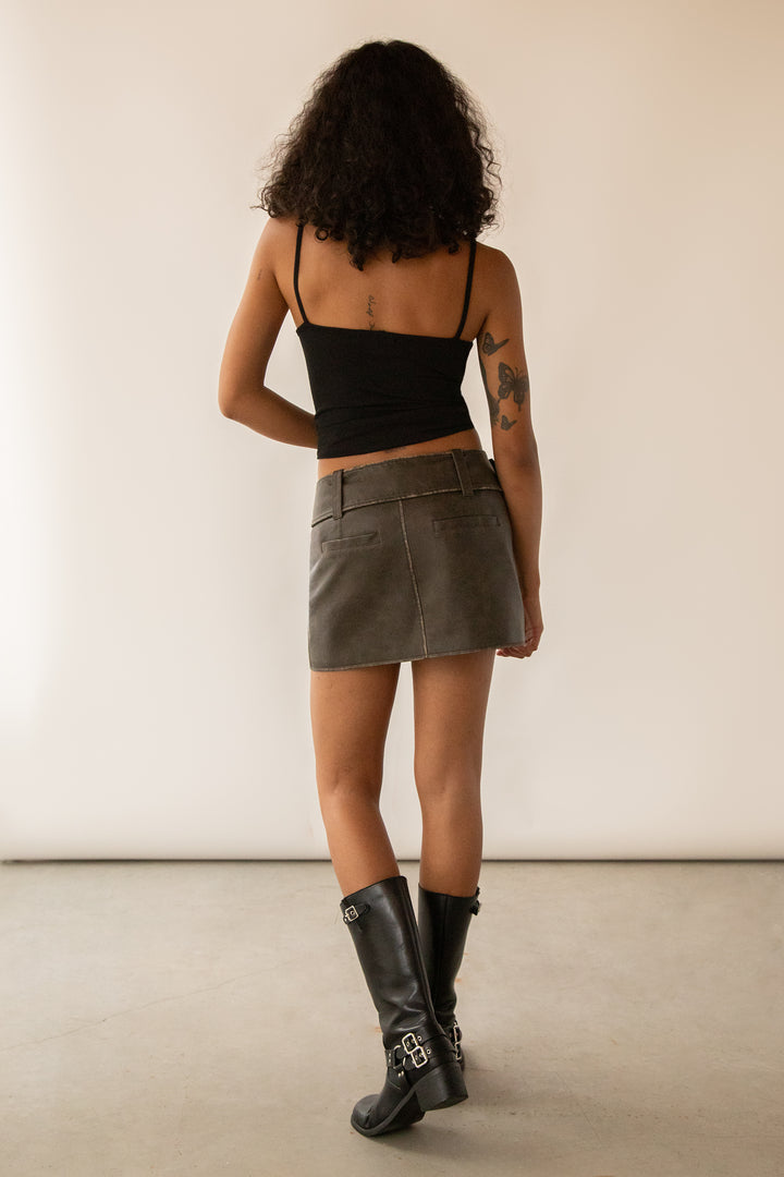 VEGAN LEATHER MOTO MINI SKIRT in Vintage Brown — alternate angle