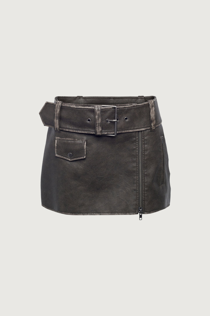 VEGAN LEATHER MOTO MINI SKIRT in Vintage Brown — alternate angle