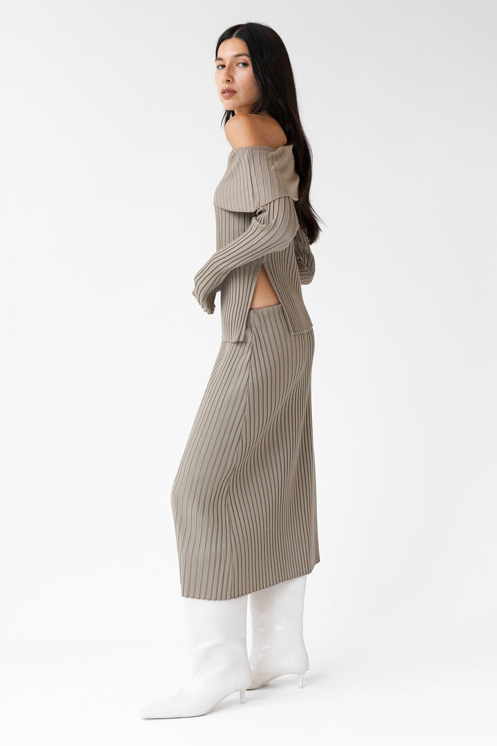 RIBBED KNIT MIDI SKIRT in Taupe — alternate angle