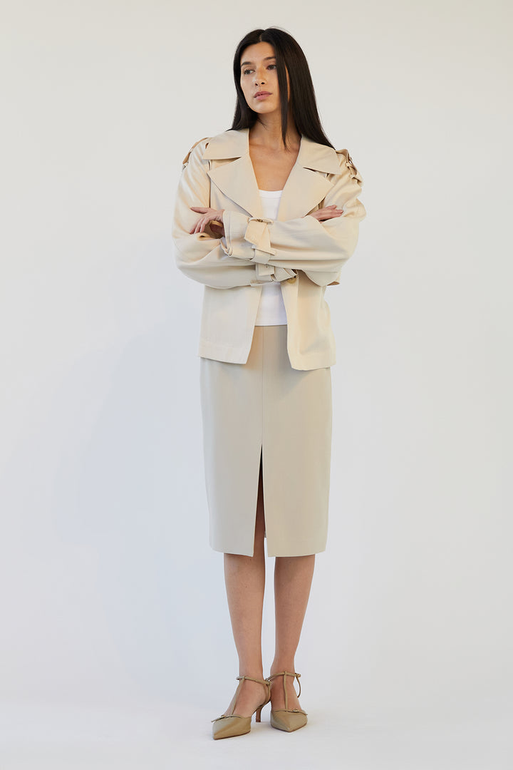 MIDI SUITING SKIRT WITH FRONT SLIT in Beige — alternate angle