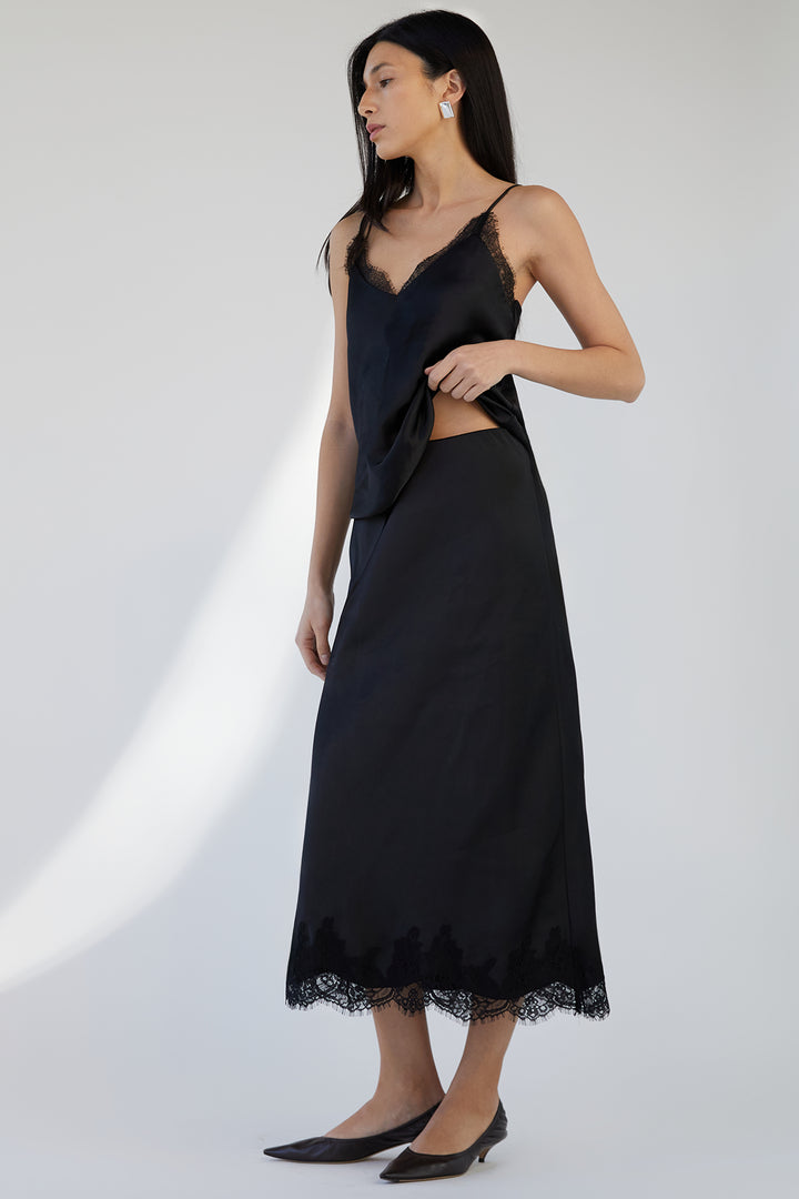 LACE TRIM SATIN MIDI SKIRT in Black — alternate angle