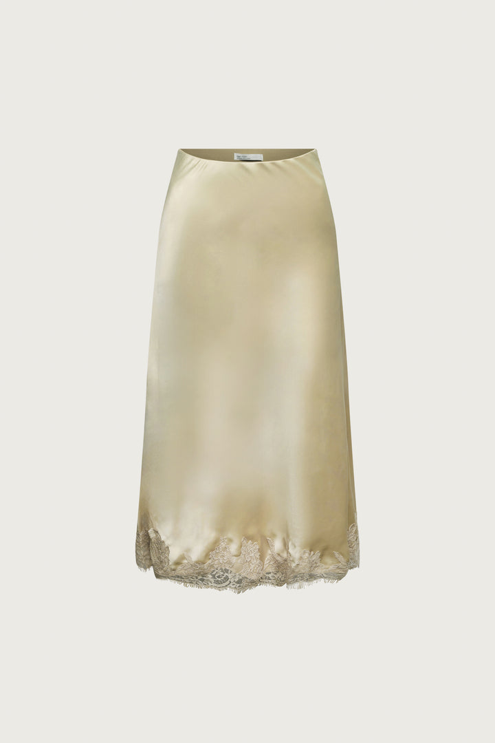 LACE TRIM SATIN MIDI SKIRT in Yellow Haze — alternate angle