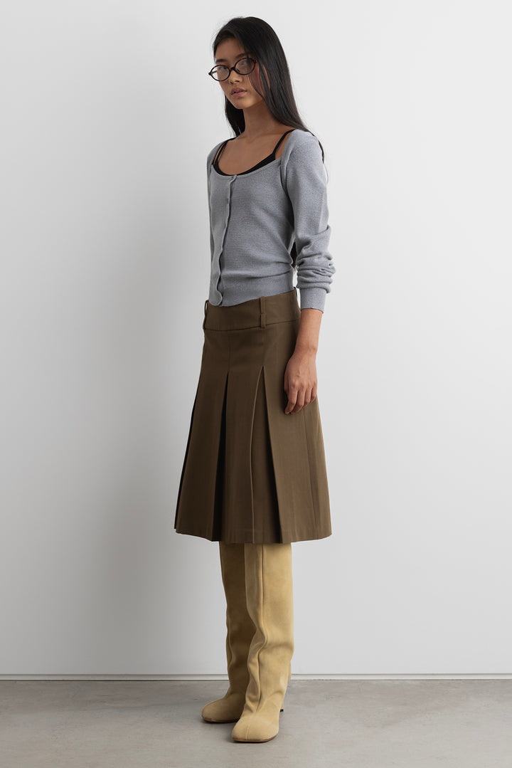 PLEATED MIDI A-LINE SKIRT in Teak Brown — alternate angle