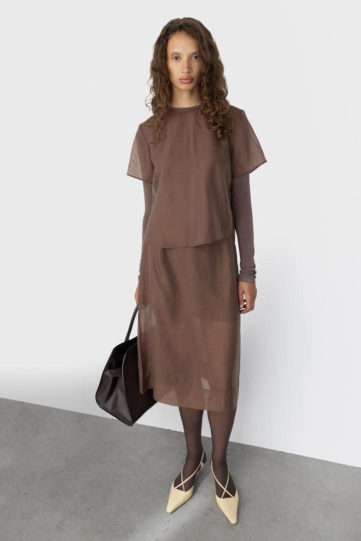 SHEER ORGANZA MIDI SKIRT in Cocoa Brown — alternate angle