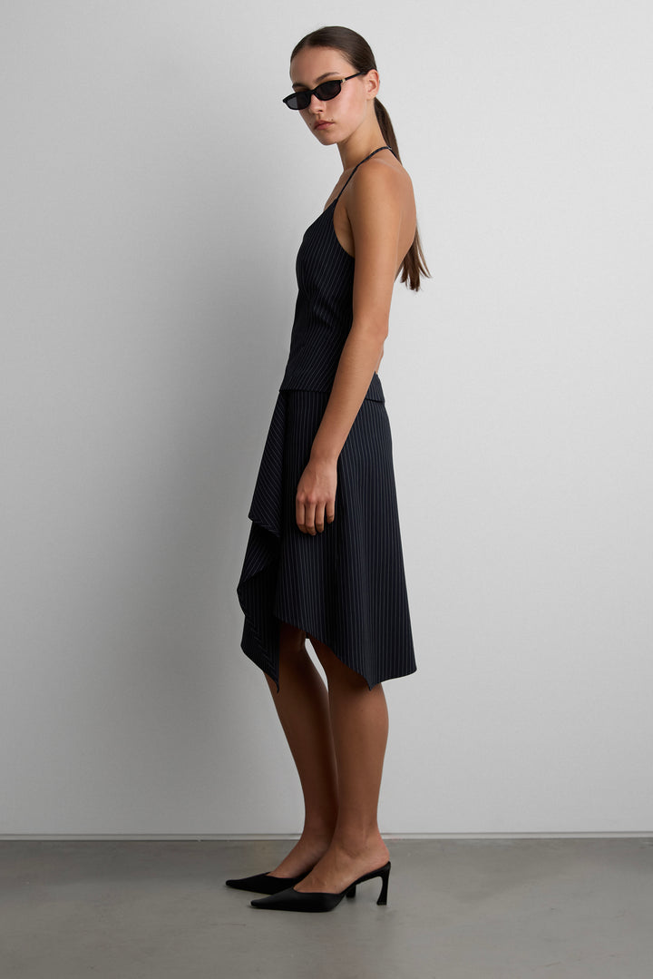 WOVEN PRINT MIDI SKIRT WITH ASYMMETRIC HEM in Navy Pinstripe — alternate angle