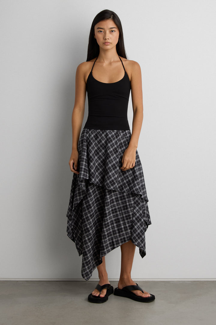 ASYMMETRICAL DRAPED PLAID MIDI SKIRT