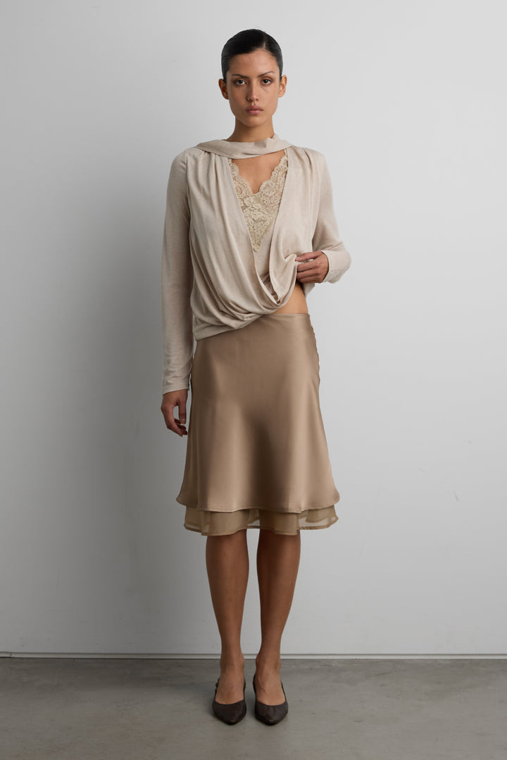 LAYERED SHEER HEM SLIP SKIRT in Taupe — alternate angle