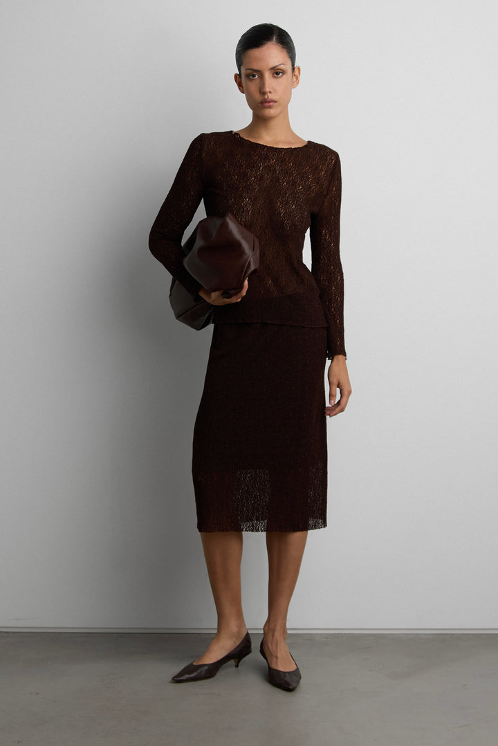 SHEER MIDI KNIT SKIRT in Brown — alternate angle