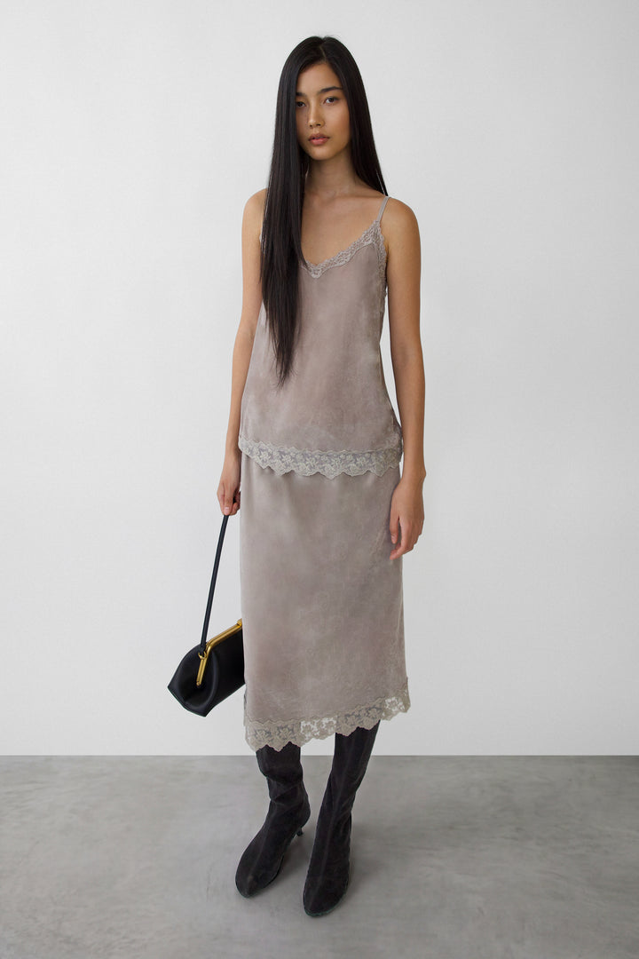 LACE TRIM MIDI SKIRT in Taupe Gray — alternate angle