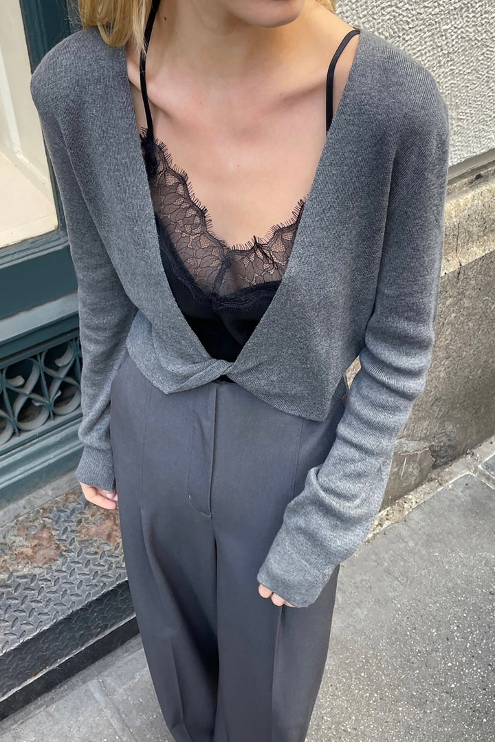TWIST FRONT DEEP NECKLINE SWEATER in Gunmetal — alternate angle