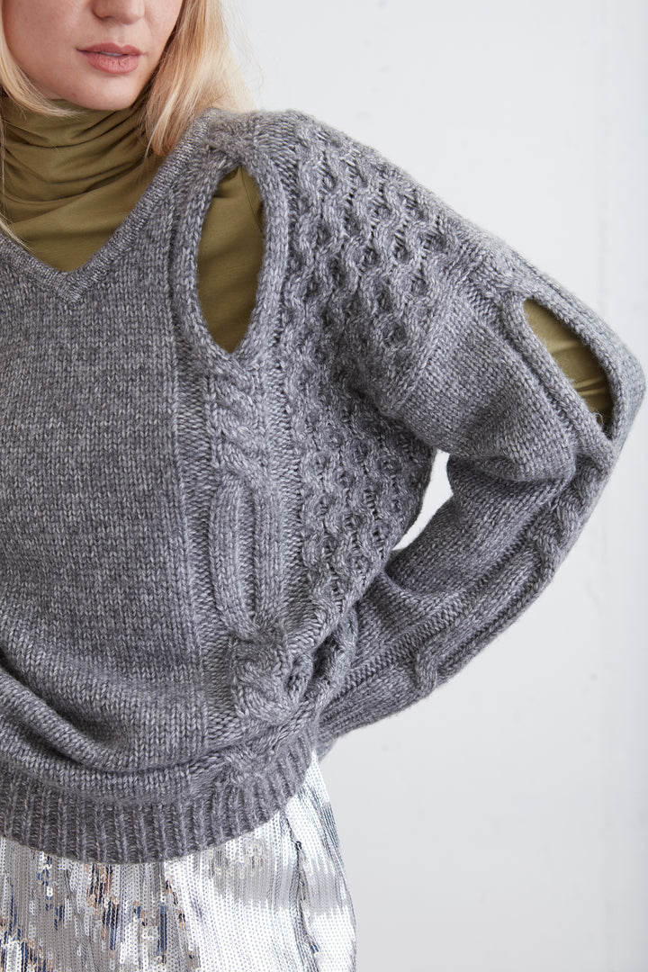 CHUNKY CABLE KNIT SWEATER WITH CUTOUT in Medium Heather Grey — alternate angle