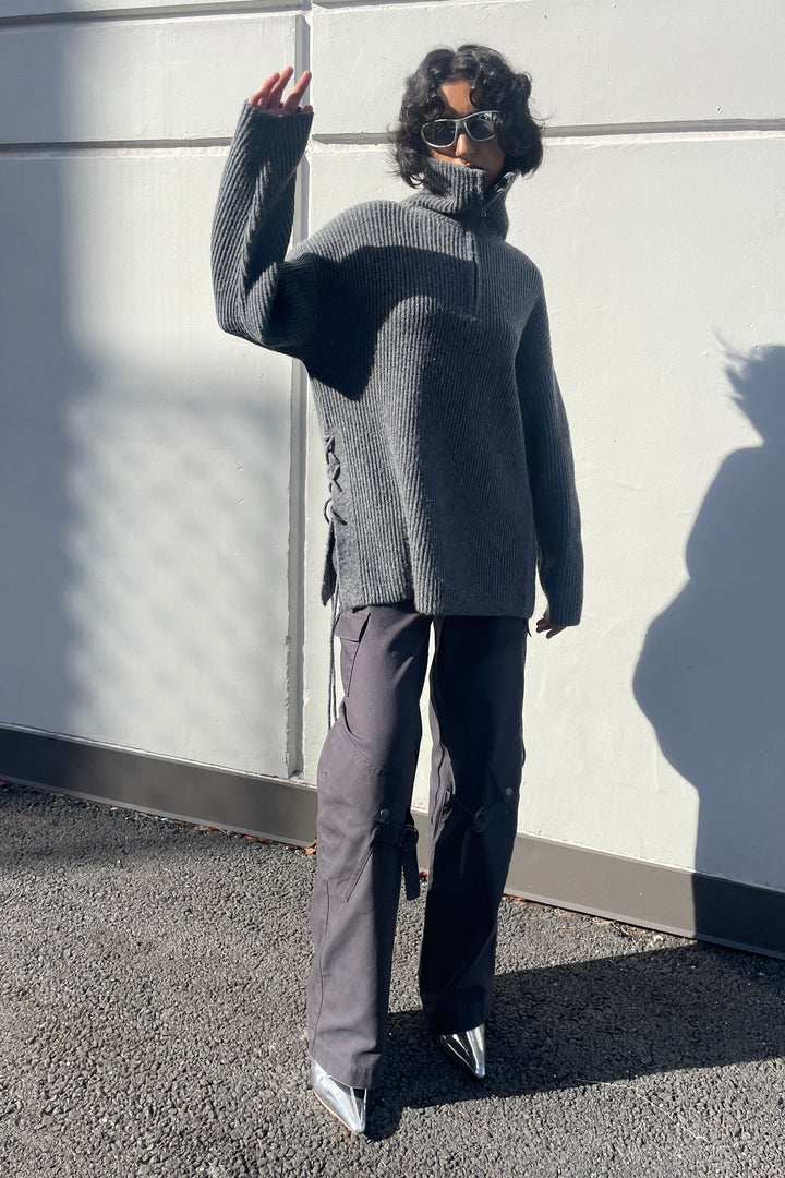 HALF ZIP LACE-UP SIDE SWEATER in Heather Medium Grey — alternate angle