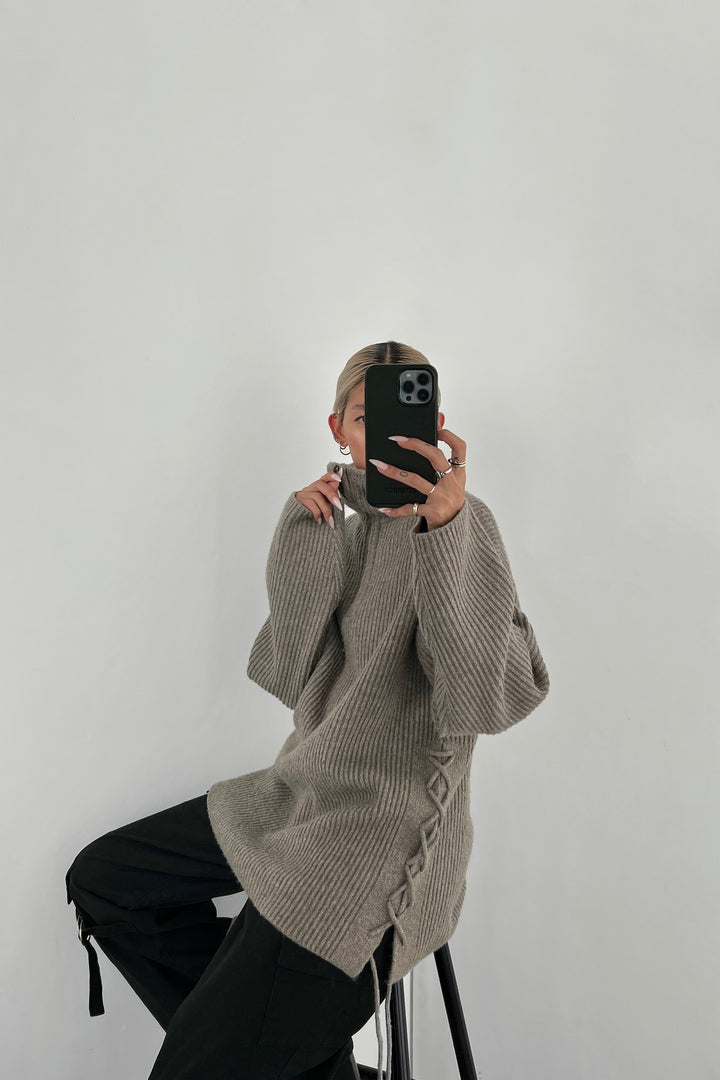HALF ZIP LACE-UP SIDE SWEATER in Heather Taupe — alternate angle