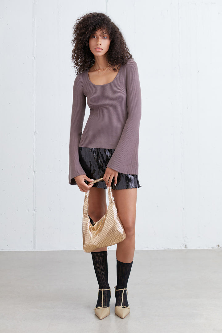 SCOOP NECK BELL SLEEVE SWEATER in Sparrow — alternate angle